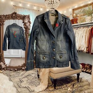 Vintage Embroidered and Embellished Rose Denim Jacket